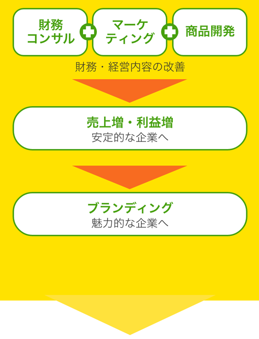 財務コンサル＋マーケティング＋商品開発｜財務・経営内容の改善→売上増・利益増安定的な企業へ→ブランディング魅力的な企業へ
